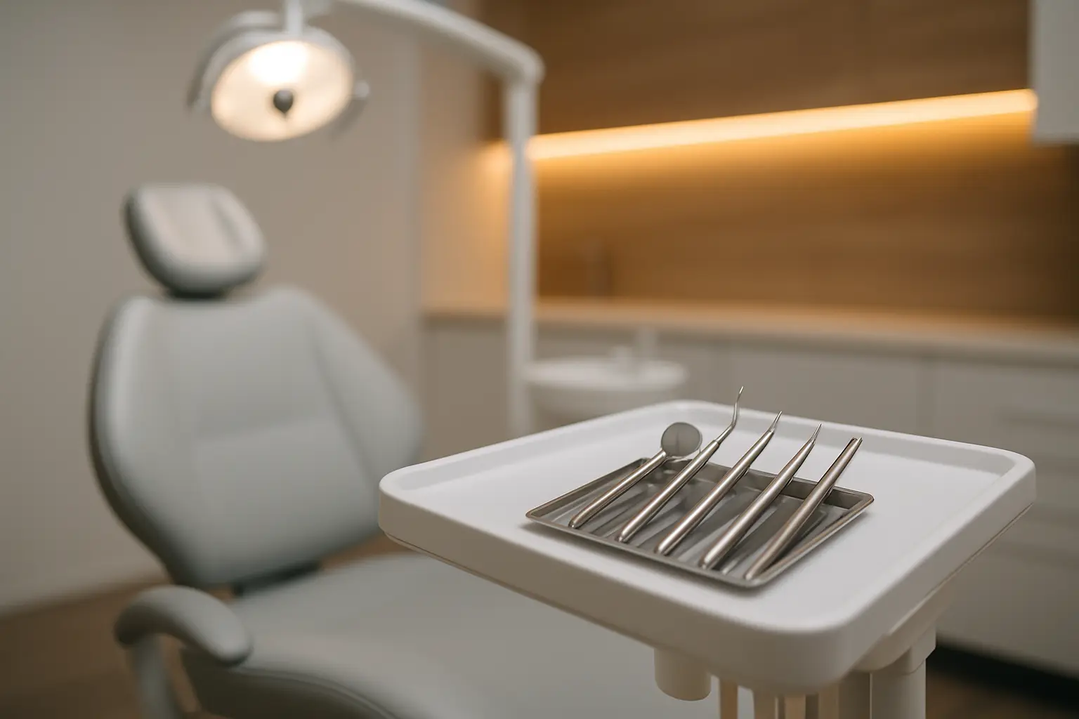 Modern dental operatory with stainless steel instruments and comfortable patient chair at Bright Harbor Dental, where Dr. Callister practices