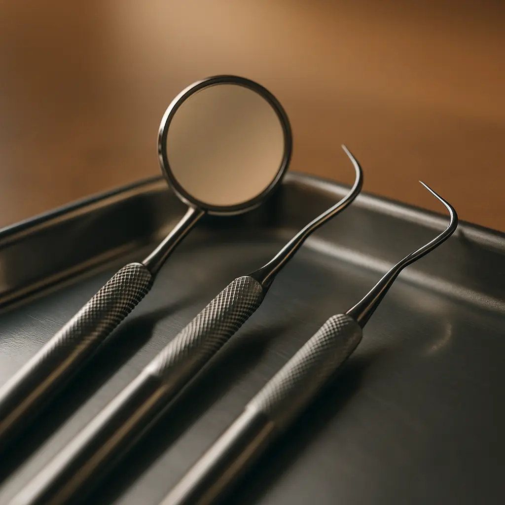 Close-up of polished dental instruments including mirror, explorer, and scaler at Bright Harbor Dental