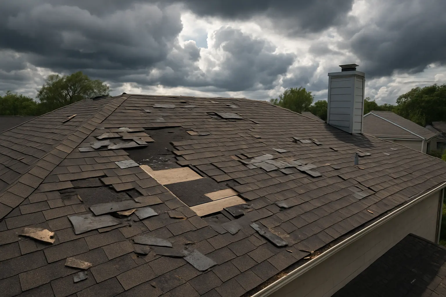 Ironclad Roofing aerial wide-angle view of an Austin residential roof with severe storm damage, missing shingle sections and lifted edges