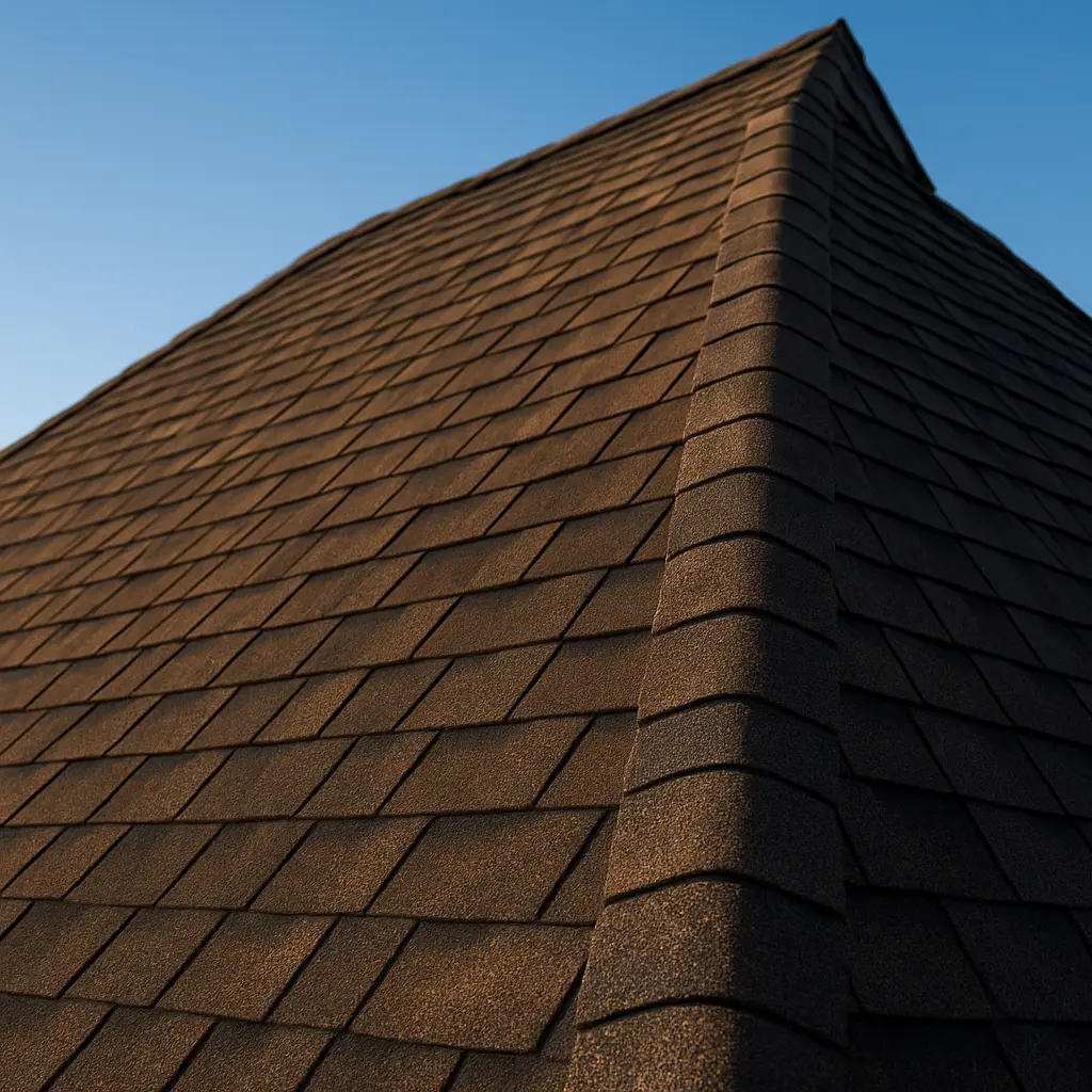 Ironclad Roofing close-up of premium architectural shingle roofing on a steep-pitched Austin residential roof in morning sunlight