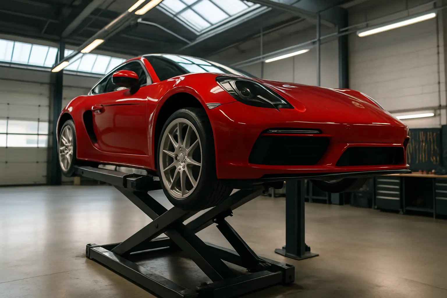 Redline Auto Repair garage with a red sports car raised on a hydraulic lift in a bright modern service bay