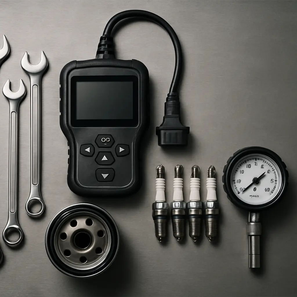 Redline Auto Repair organized set of automotive tools including wrenches, a diagnostic scanner and spark plugs