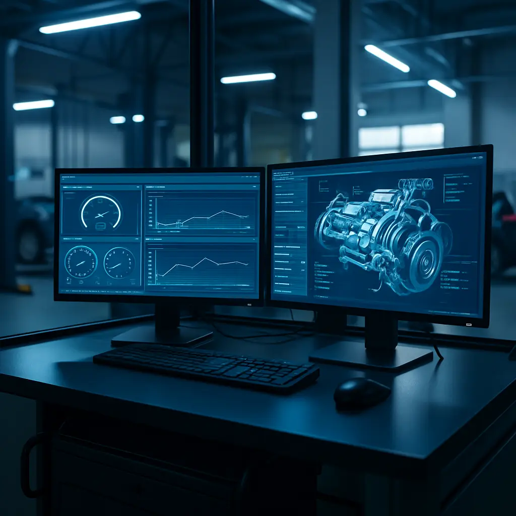 Redline Auto Repair modern diagnostic computer station with a multi-screen setup in the workshop
