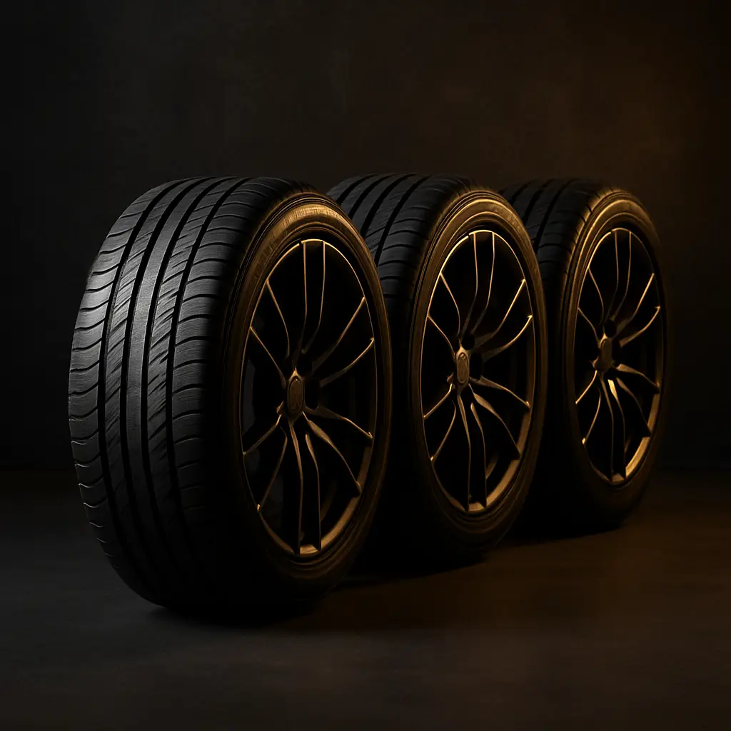 Redline Auto Repair display of four premium tires against a dark textured wall with warm accent lighting