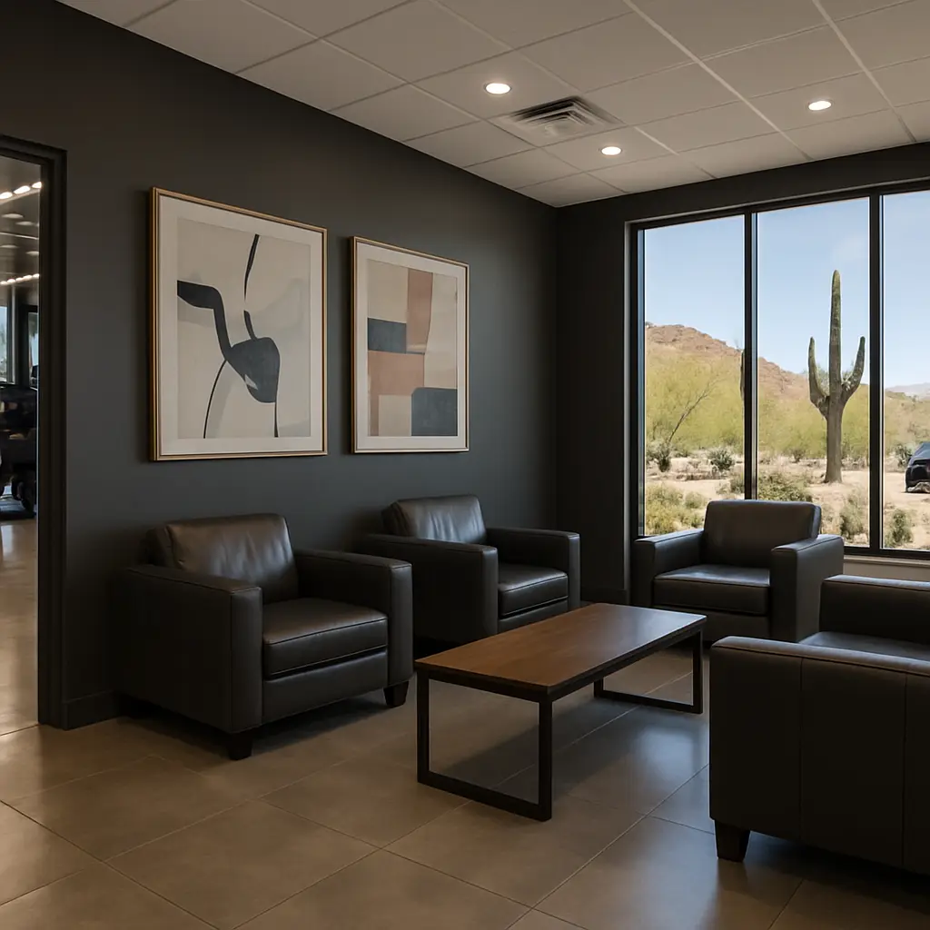 Redline Auto Repair clean modern waiting area with comfortable seating and charcoal walls