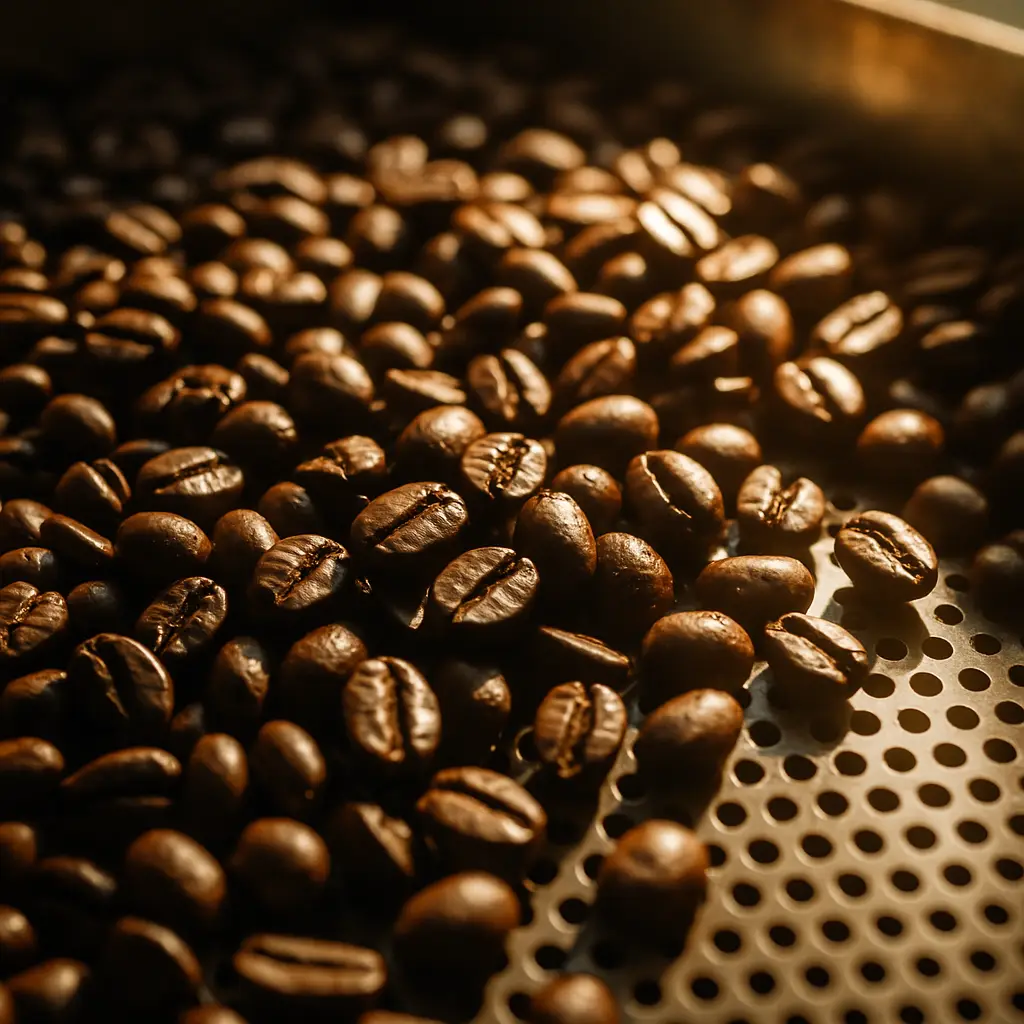 Foundry Coffee House freshly roasted beans cooling on a perforated metal tray