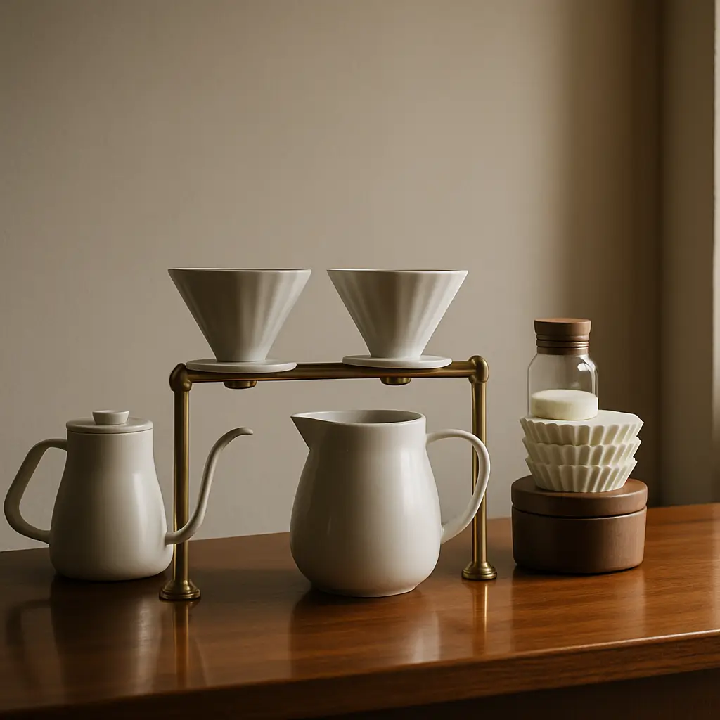 Foundry Coffee House cafe counter with ceramic pour-over equipment and brass fittings