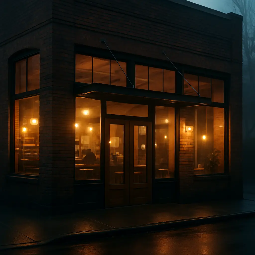 Foundry Coffee House brick storefront glowing warm at dusk in Portland