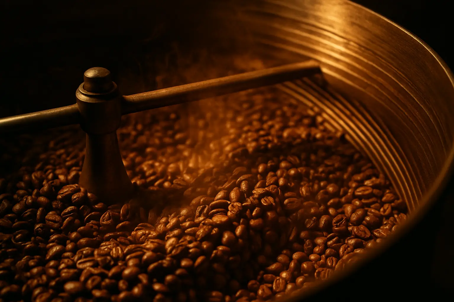 Foundry Coffee House industrial roasting drum interior with warm golden light on metal ridges and beans mid-roast
