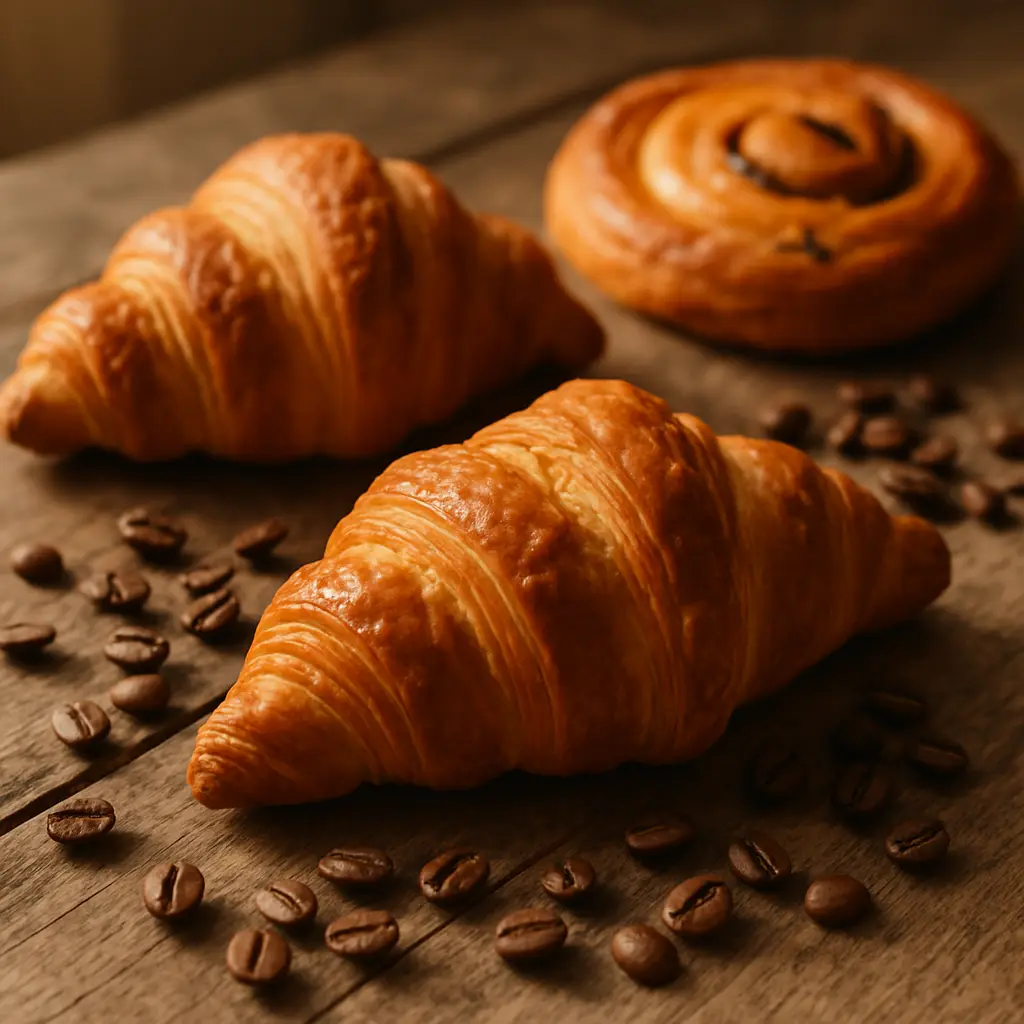 Foundry Coffee House artisan pastries and whole coffee beans on weathered wood in soft window light