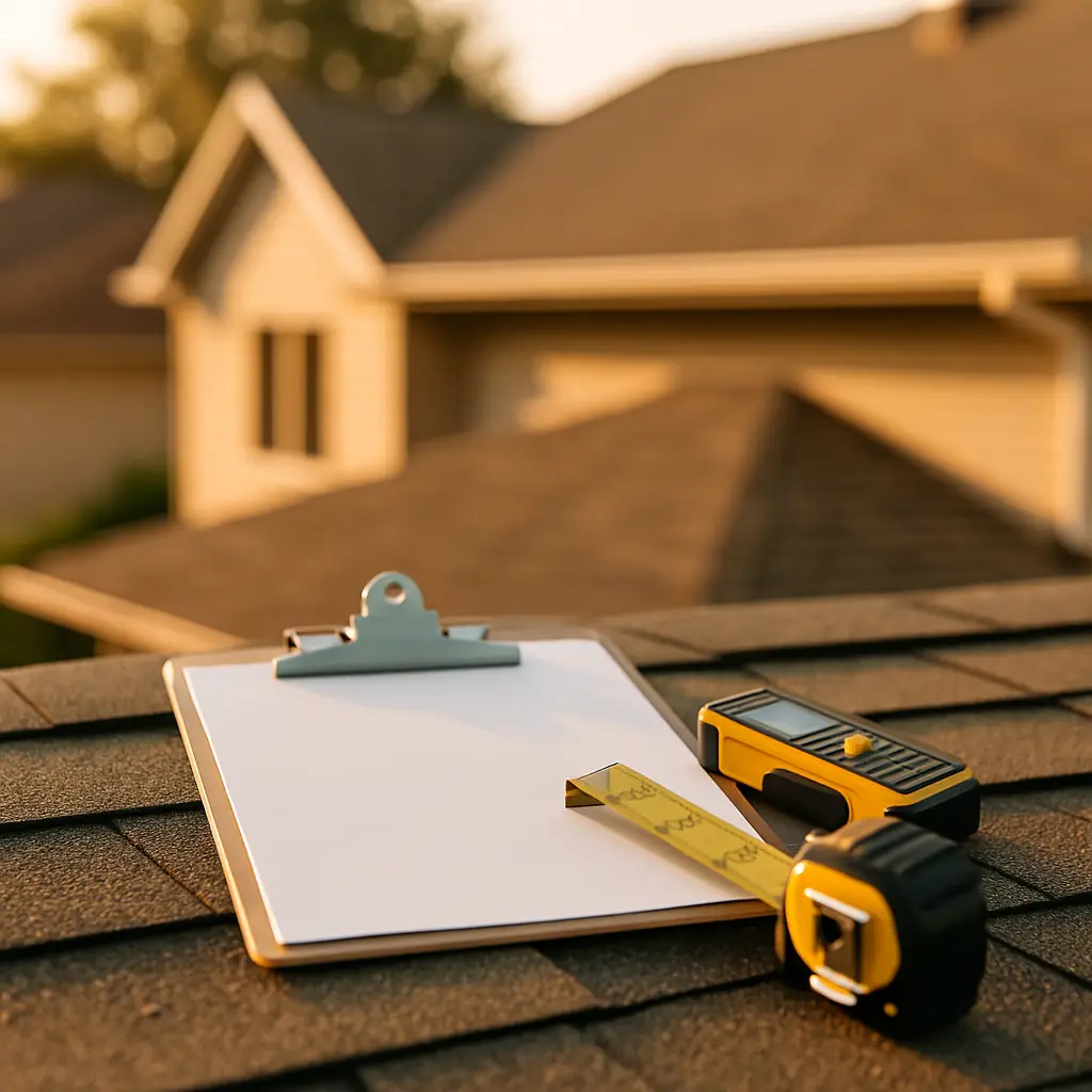 Ironclad Roofing inspection clipboard and measurement tools on a sunlit roof