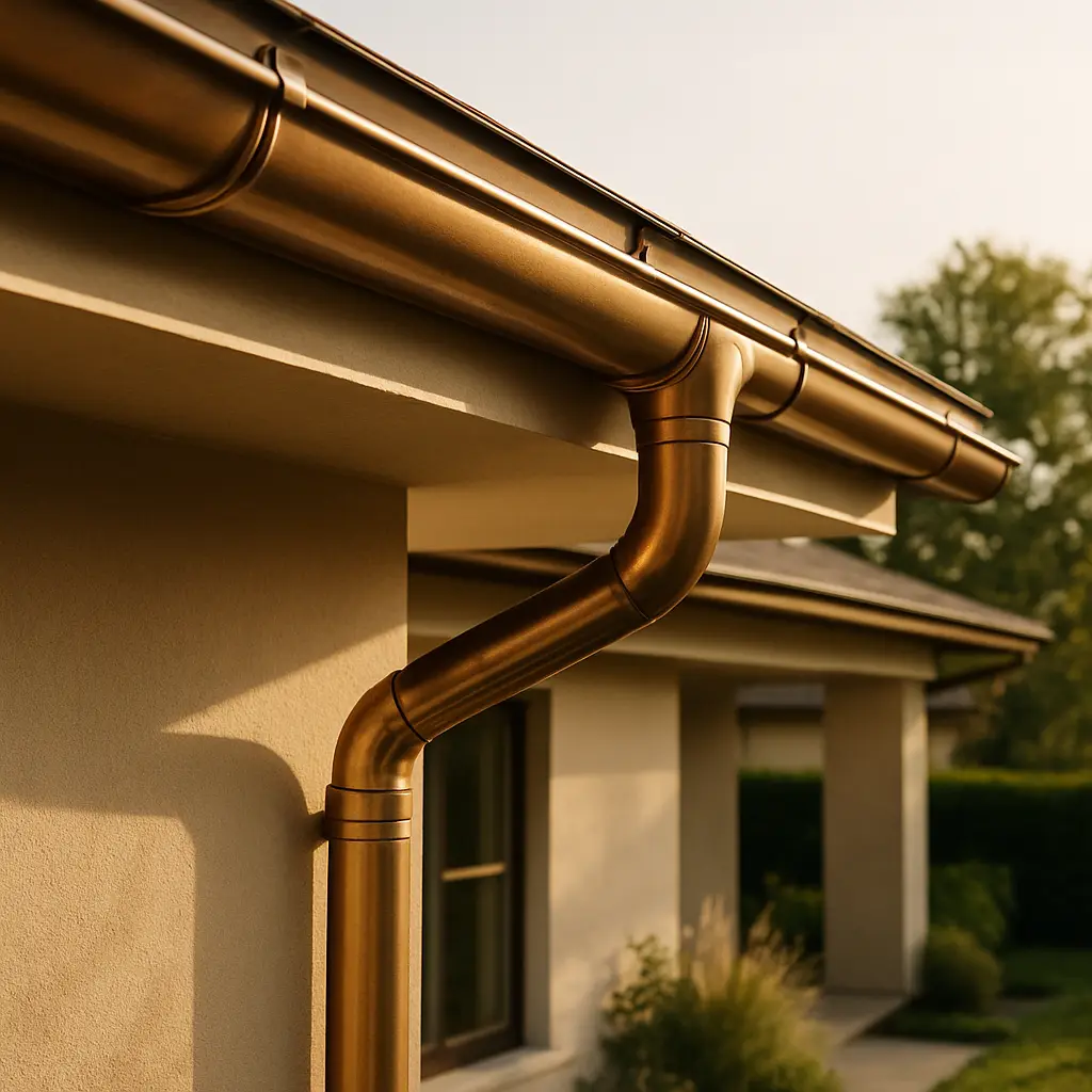 Ironclad Roofing seamless metal gutter system installed along a modern rooflin