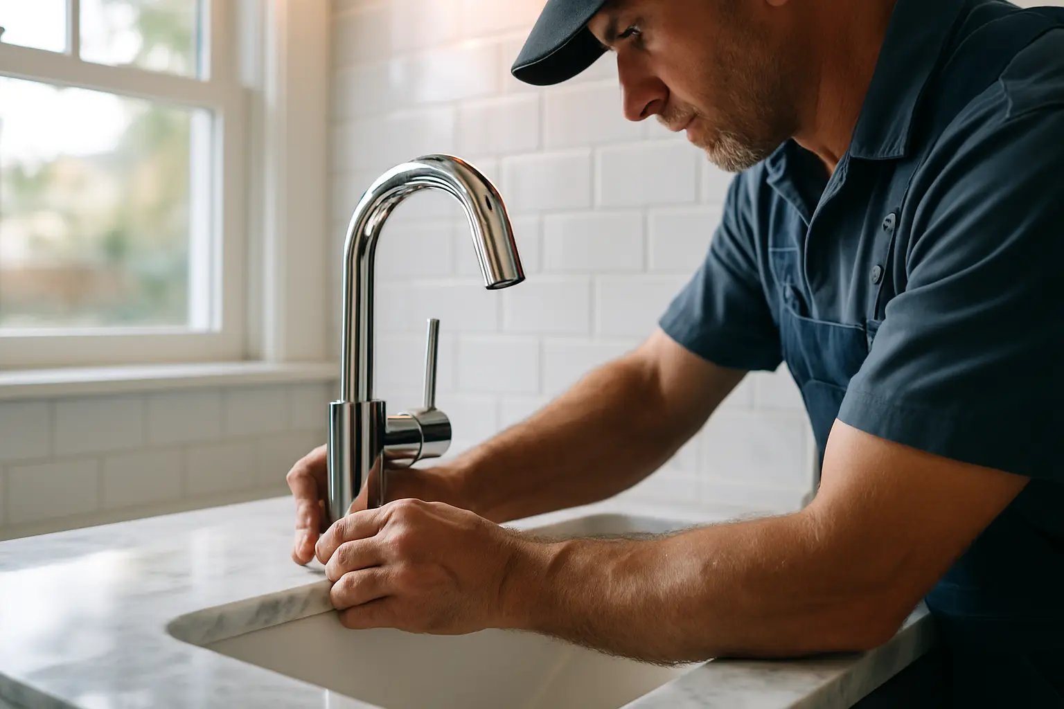 Summit Ridge Plumbing master plumber installing a modern chrome faucet in a renovated Denver bathroom
