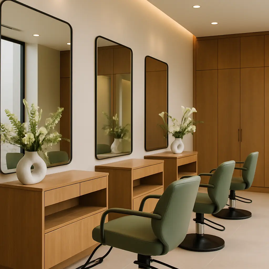 Willow and Vine Salon modern interior with mirror wall, sage green styling stations, and warm wood cabinetry
