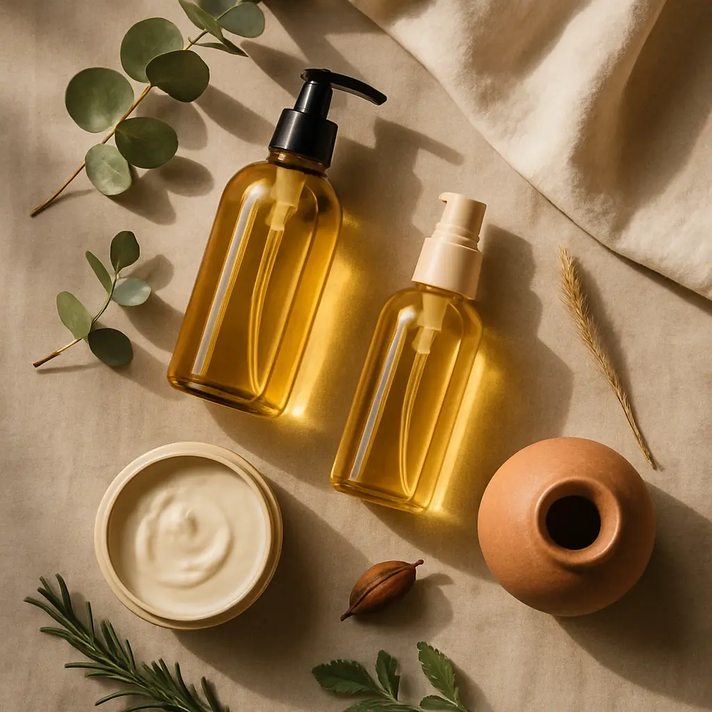 Willow and Vine Salon flat-lay of premium hair care products with golden oils and natural botanicals