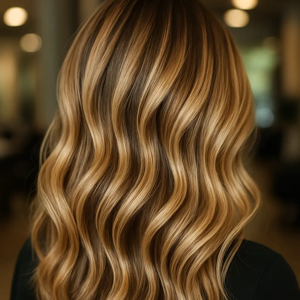 Willow and Vine Salon dimensional balayage color with blonde and caramel tones in sunlit hair