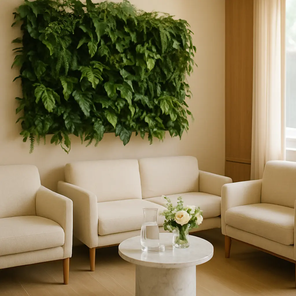 Willow and Vine Salon tranquil waiting lounge with cream seating, a living green wall, and fresh flowers