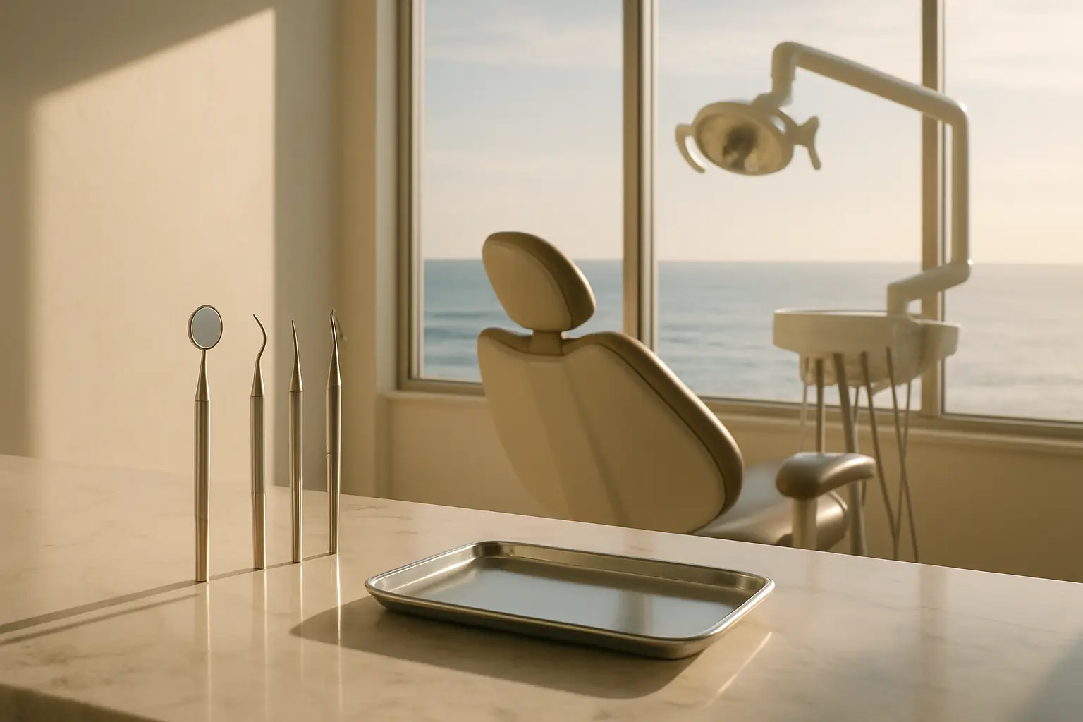 Serene modern dental operatory bathed in natural light at Bright Harbor Dental