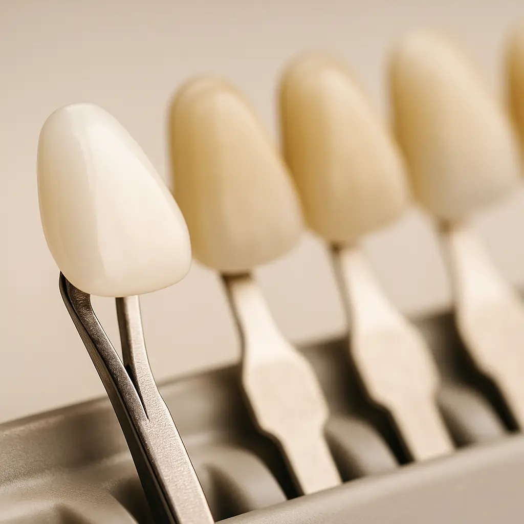 Porcelain veneer held against tooth shade samples at Bright Harbor Dental