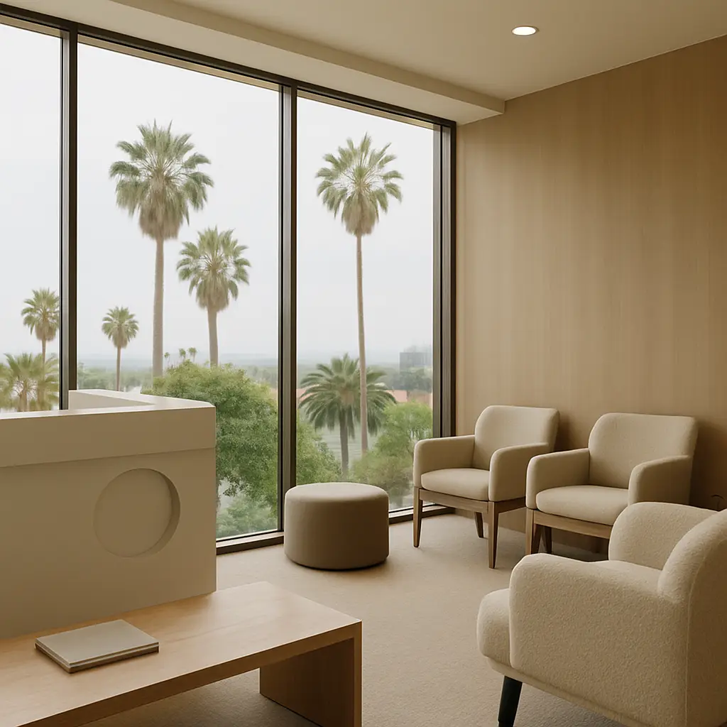 Minimalist modern dental reception with floor-to-ceiling windows at Bright Harbor Dental