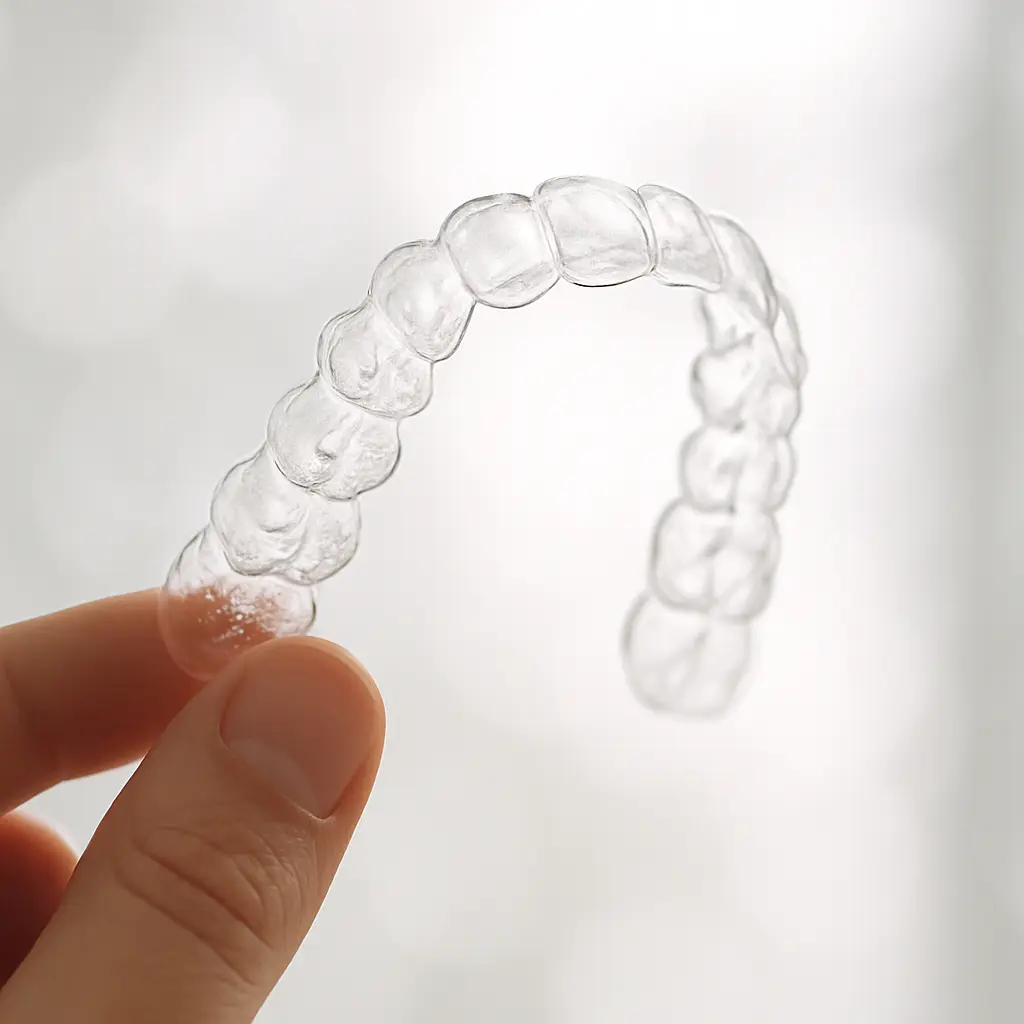 Clear Invisalign aligner held toward the light at Bright Harbor Dental