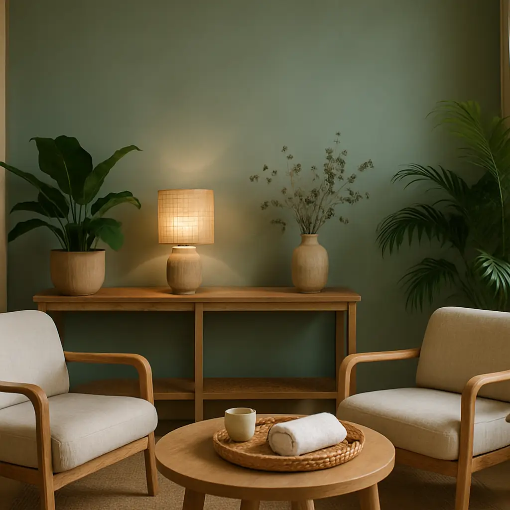 Serene spa-like waiting area with a soft teal accent wall and greenery at Bright Harbor Dental